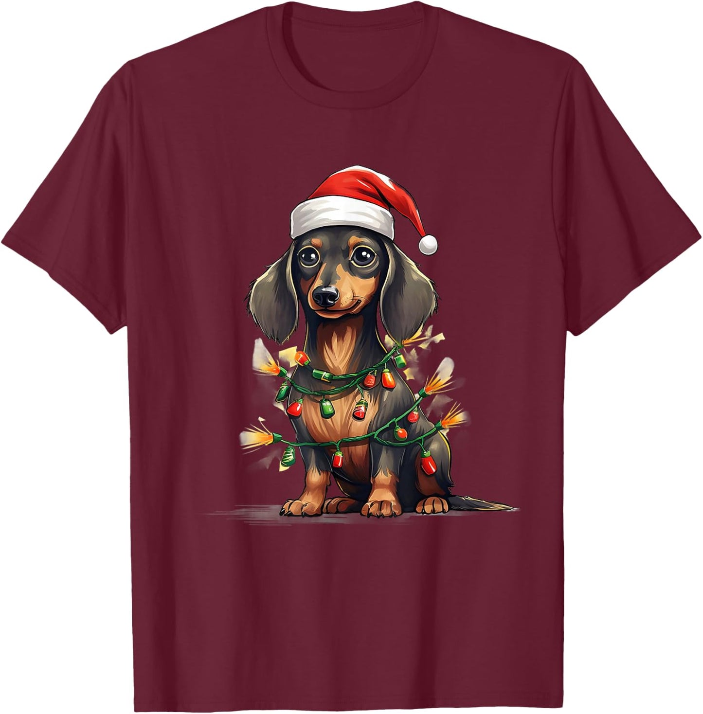 Merry Christmas Dachshund Santa Hat Lights Xmas Men Women T-Shirt - T-Shirt | Maroon
