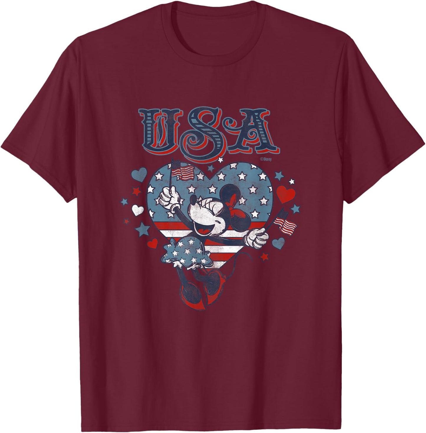 Disney Minnie Mouse with American Flags USA 4th of July T-Shirt - T-Shirt | Maroon