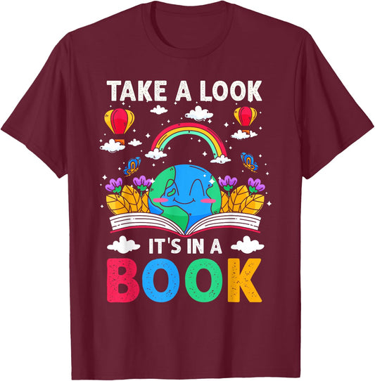 Take A Look It's in A Book Reading Vintage Retro Rainbow T-Shirt - T-Shirt | Maroon