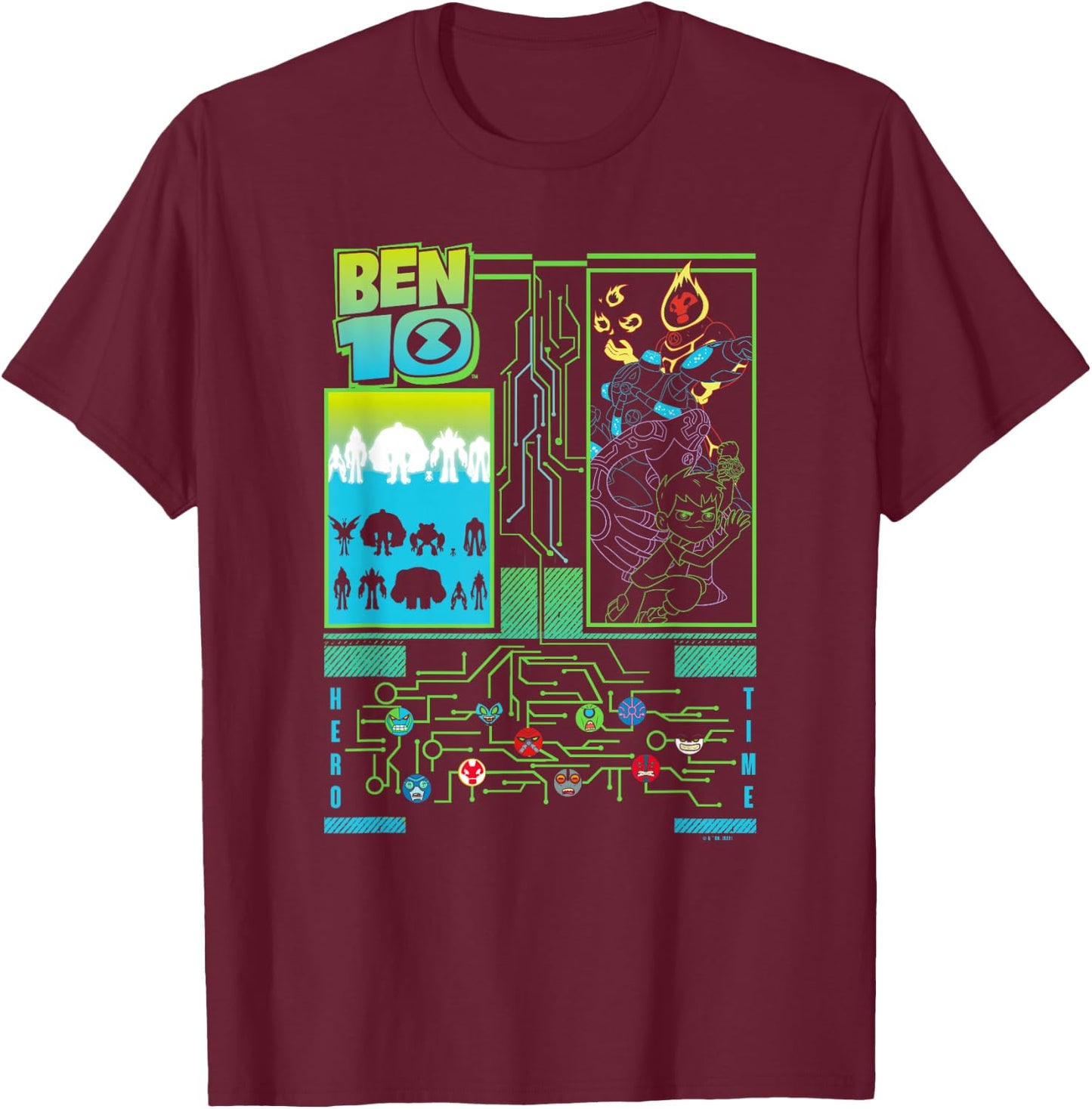 Ben 10 Group Cyber Tech Poster T-Shirt - T-Shirt | Maroon