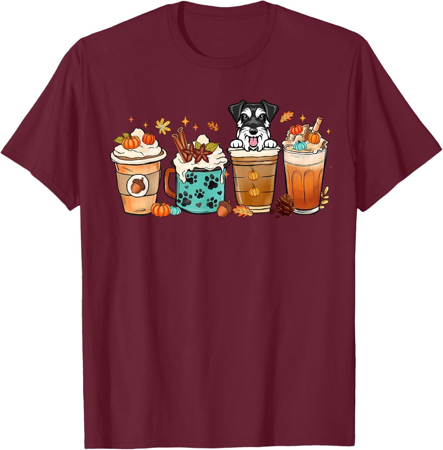 Mini Schnauzer Dog Fall Autumn Coffee Cups Halloween Pet Dog Women T-Shirt - T-Shirt | Maroon