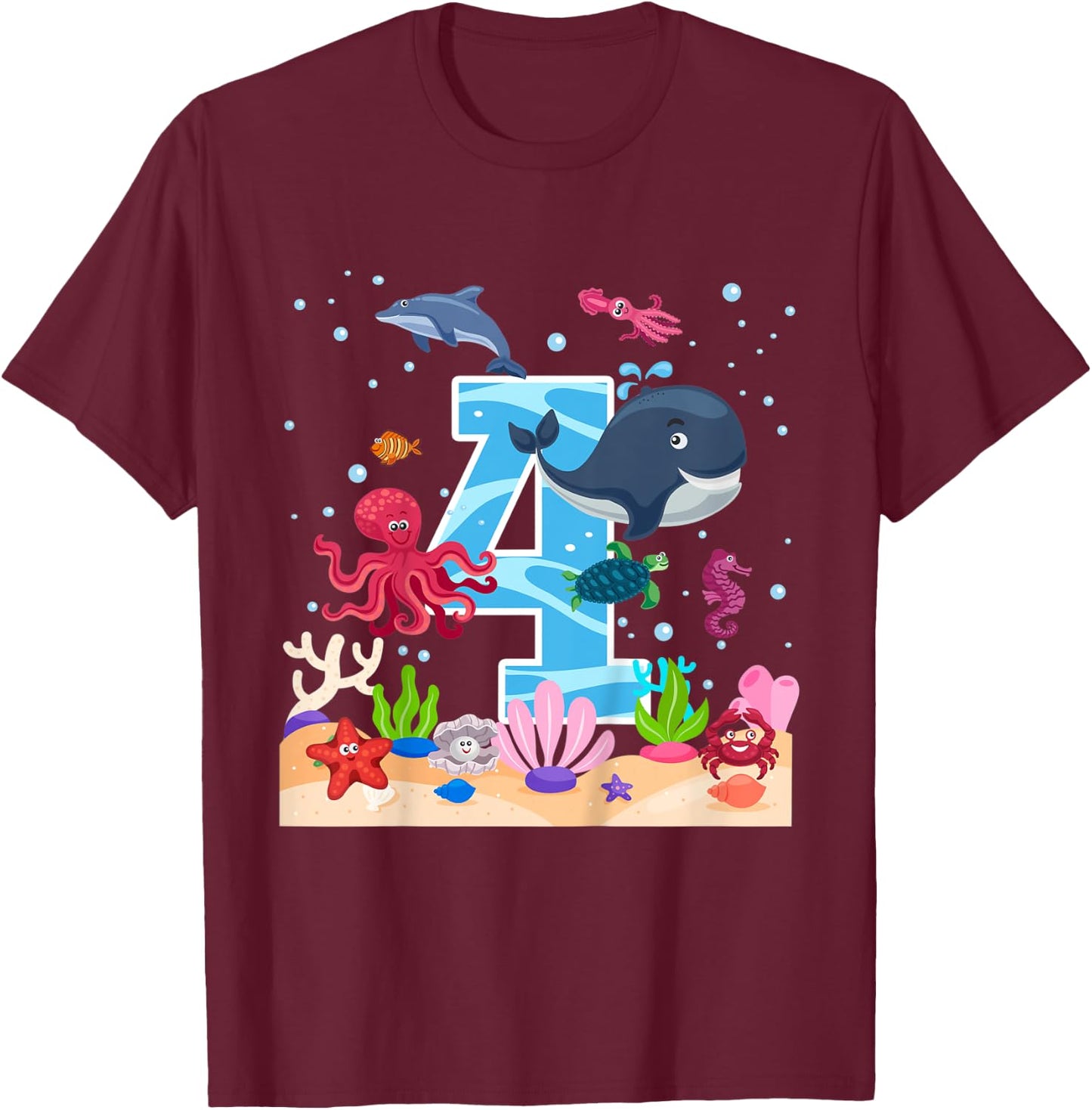 Kids 4th Birthday Party Sea Fish Aquarium Birthday Boy T-Shirt - T-Shirt | Maroon