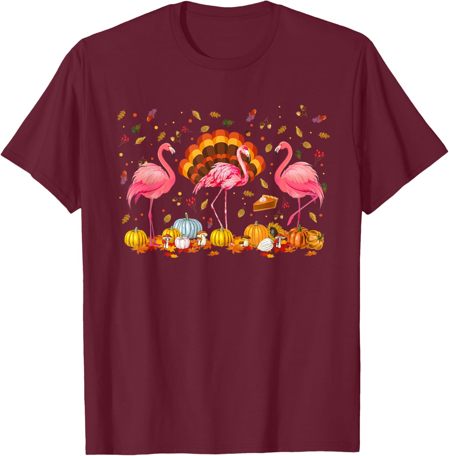 Happy Thanksgiving Flamingo Happy Fall Y'all Thankful Season T-Shirt - T-Shirt | Maroon