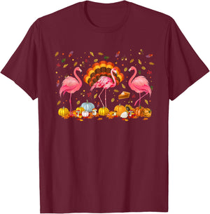 Happy Thanksgiving Flamingo Happy Fall Y'all Thankful Season T-Shirt - T-Shirt | Maroon