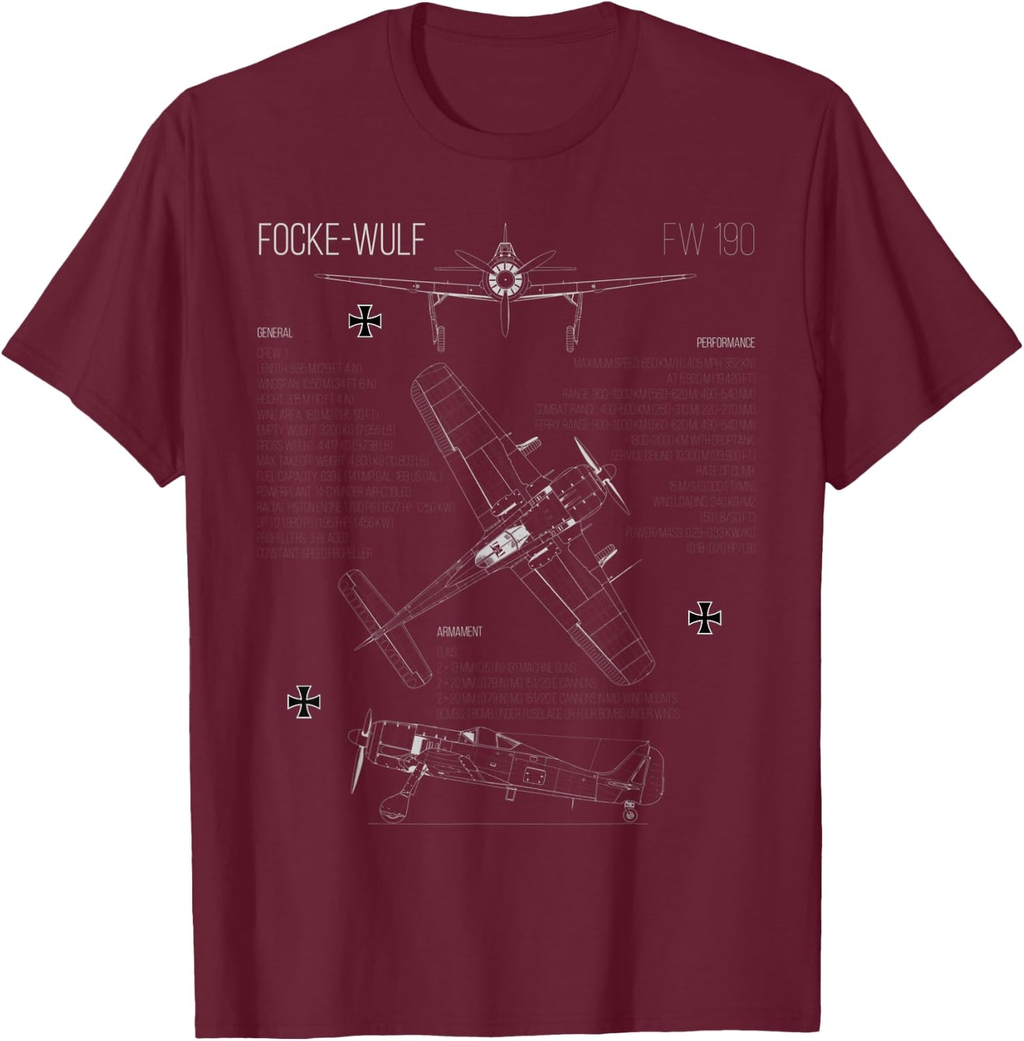 Focke-Wulf FW190 German War Aircraft Würger Military WWII T-Shirt - T-Shirt | Maroon