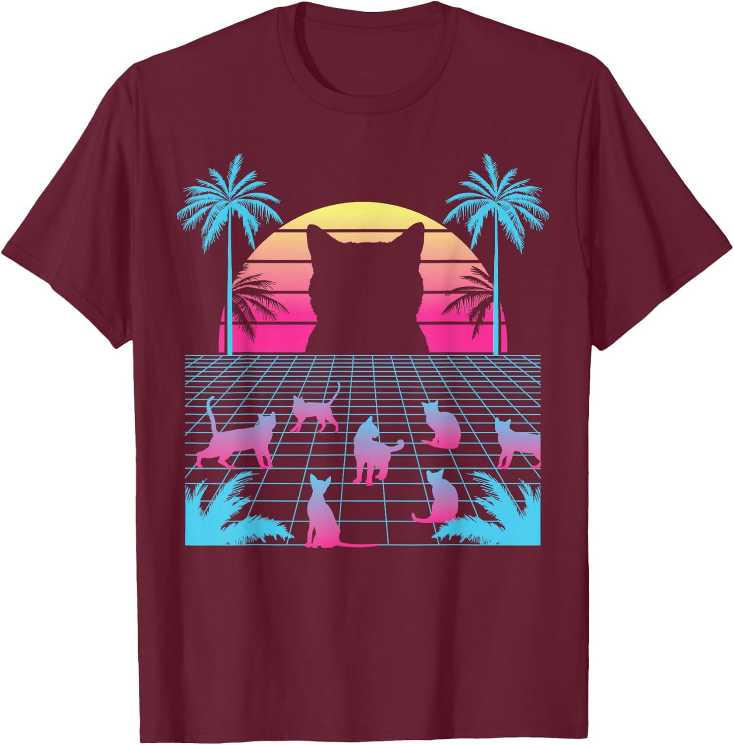 Vaporwave Cats - Retro Vintage Sunset - 80s 90s Japanese T-Shirt - T-Shirt | Maroon