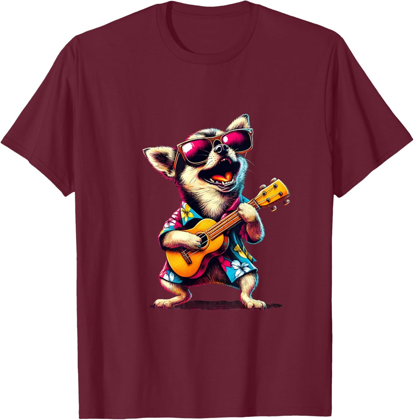 Chihuahua Wearing a Hawaiian Shirt, Playing a Ukulele T-Shirt - T-Shirt | Maroon