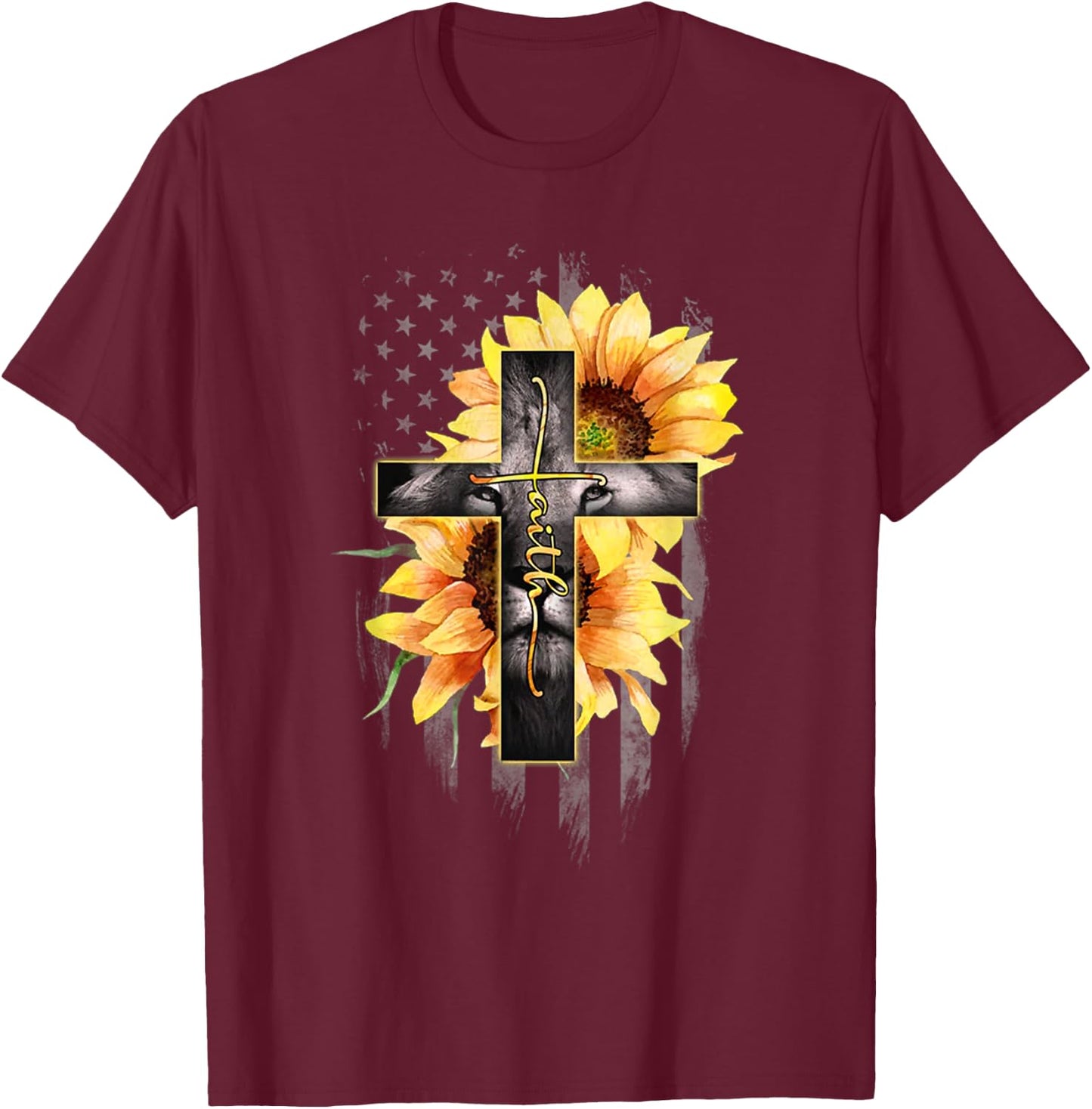 Faith Cross Christian Lion Sunflower American Flag T-Shirt - T-Shirt | Maroon