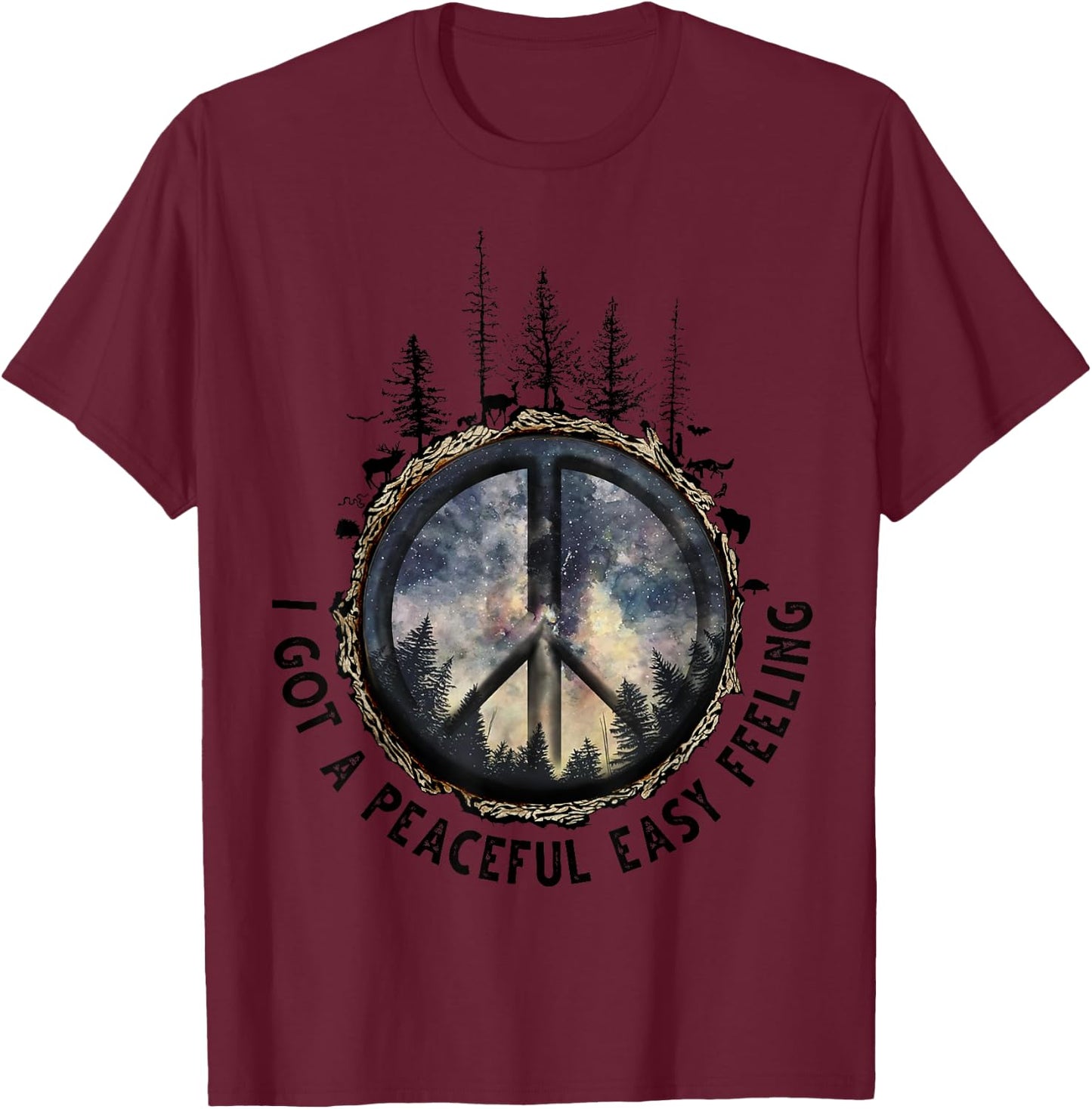 Hippie I Got An Easy Peaceful Feeling Forest Sky Peace Sign T-Shirt - T-Shirt | Maroon