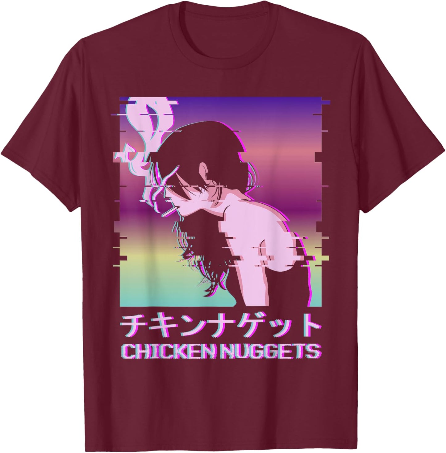 Chicken Nuggets Vaporwave Aesthetic Sad Smoking Anime Girl T-Shirt - T-Shirt | Maroon