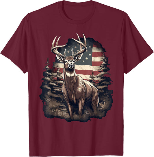 Whitetail Buck Deer Hunting US Flag Patriotic Hunter T-Shirt - T-Shirt | Maroon