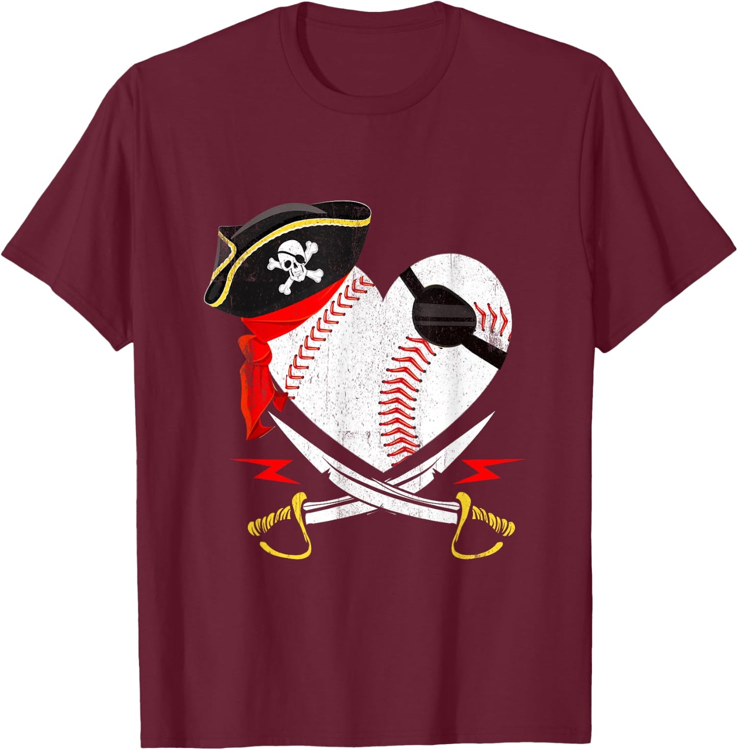 The Vintage Pirate Baseball Softball Heart With Skull Hat T-Shirt - T-Shirt | Maroon