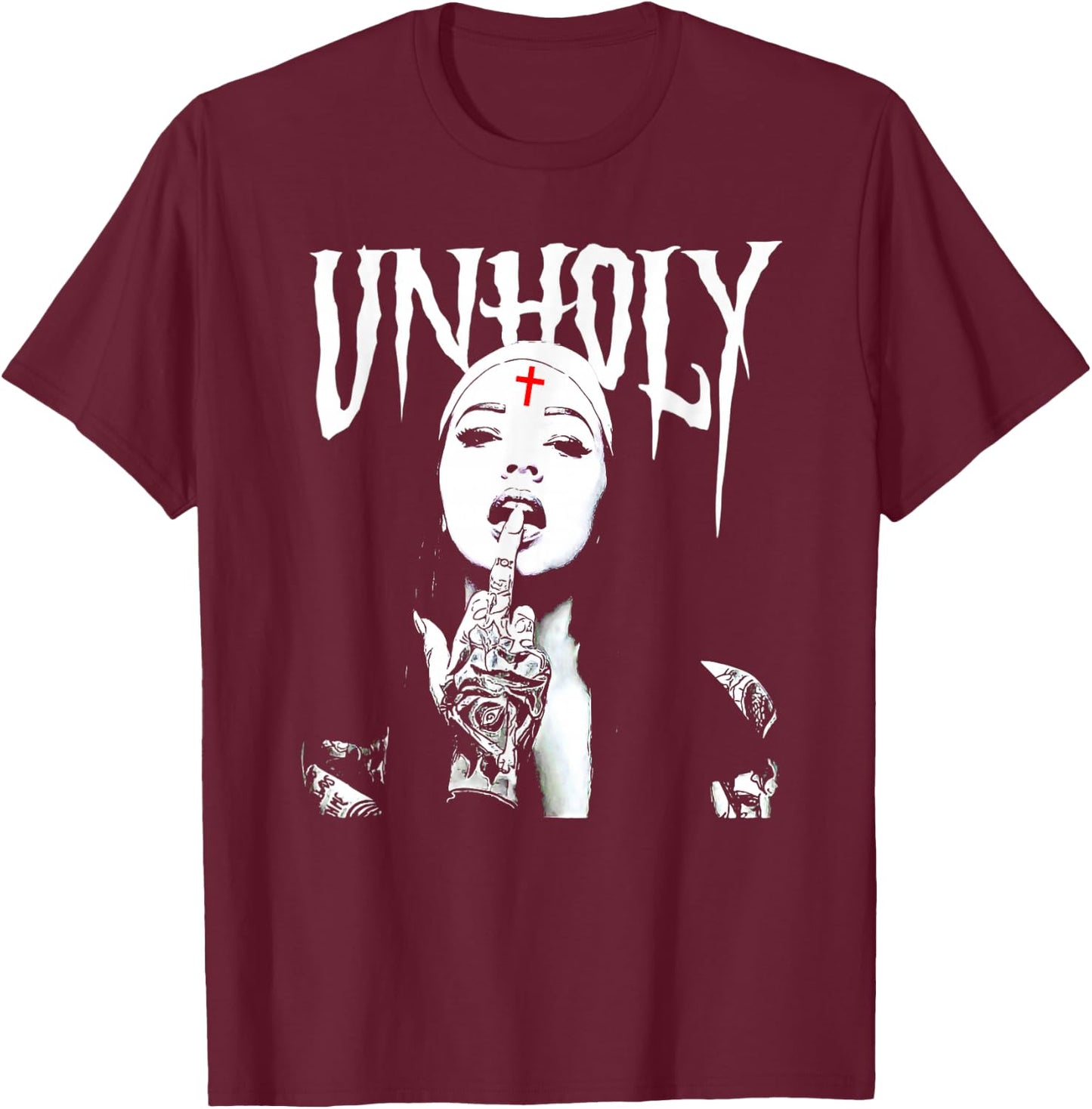 Satanic Nun Tattoos Unholy T-Shirt - T-Shirt | Maroon