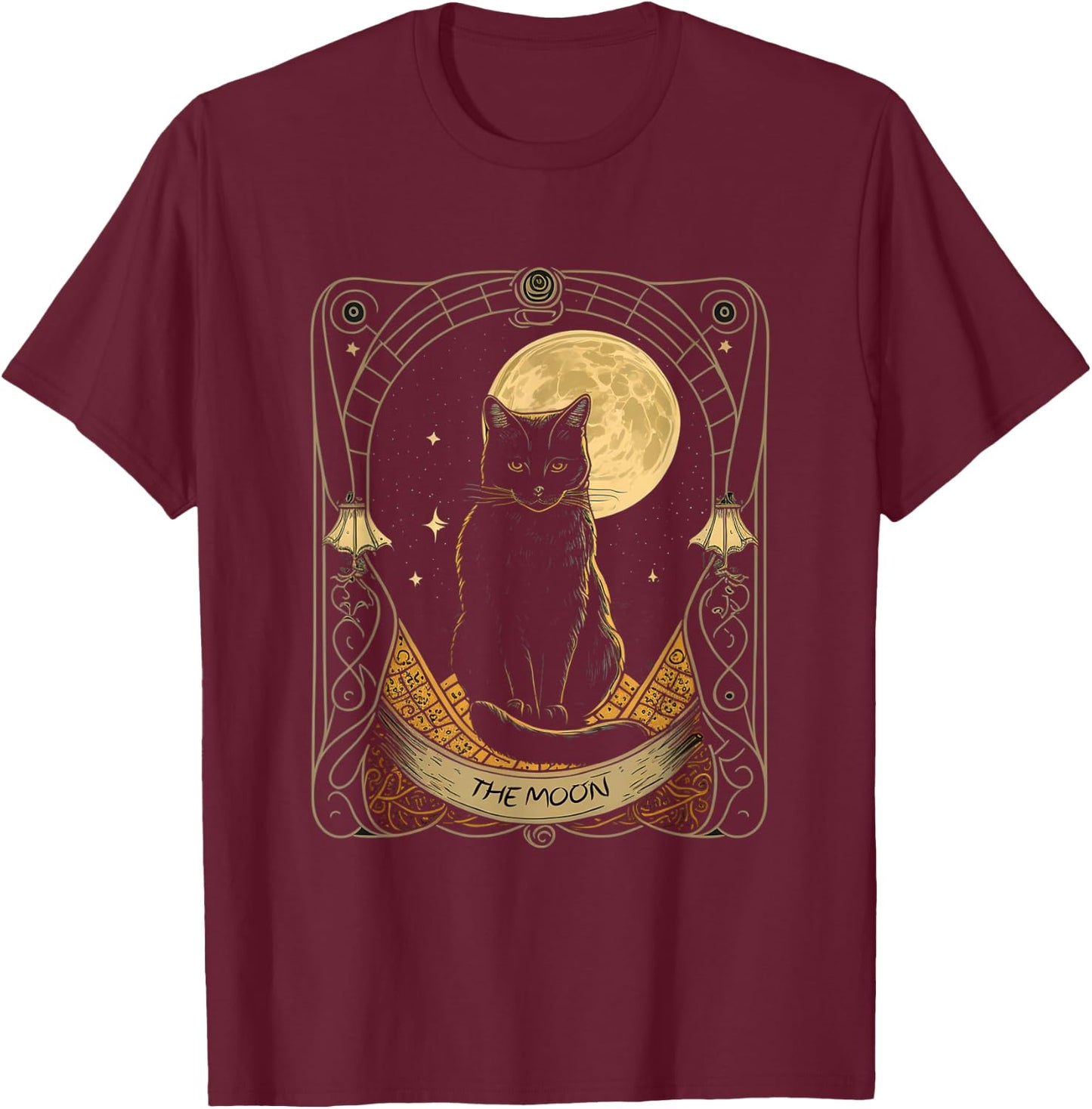 Tarot Card Crescent Moon And Cat Graphic T-Shirt - T-Shirt | Maroon