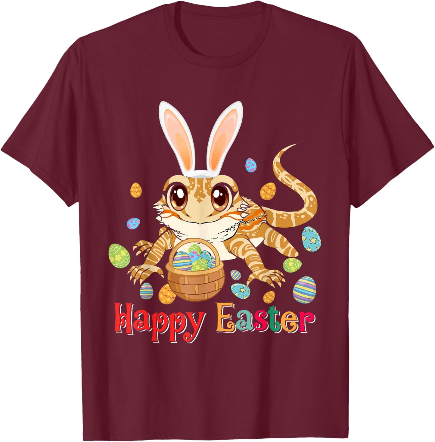 Happy Easter Cute Bunny Bearded Dragon Easter Eggs Basket T-Shirt - T-Shirt | Maroon