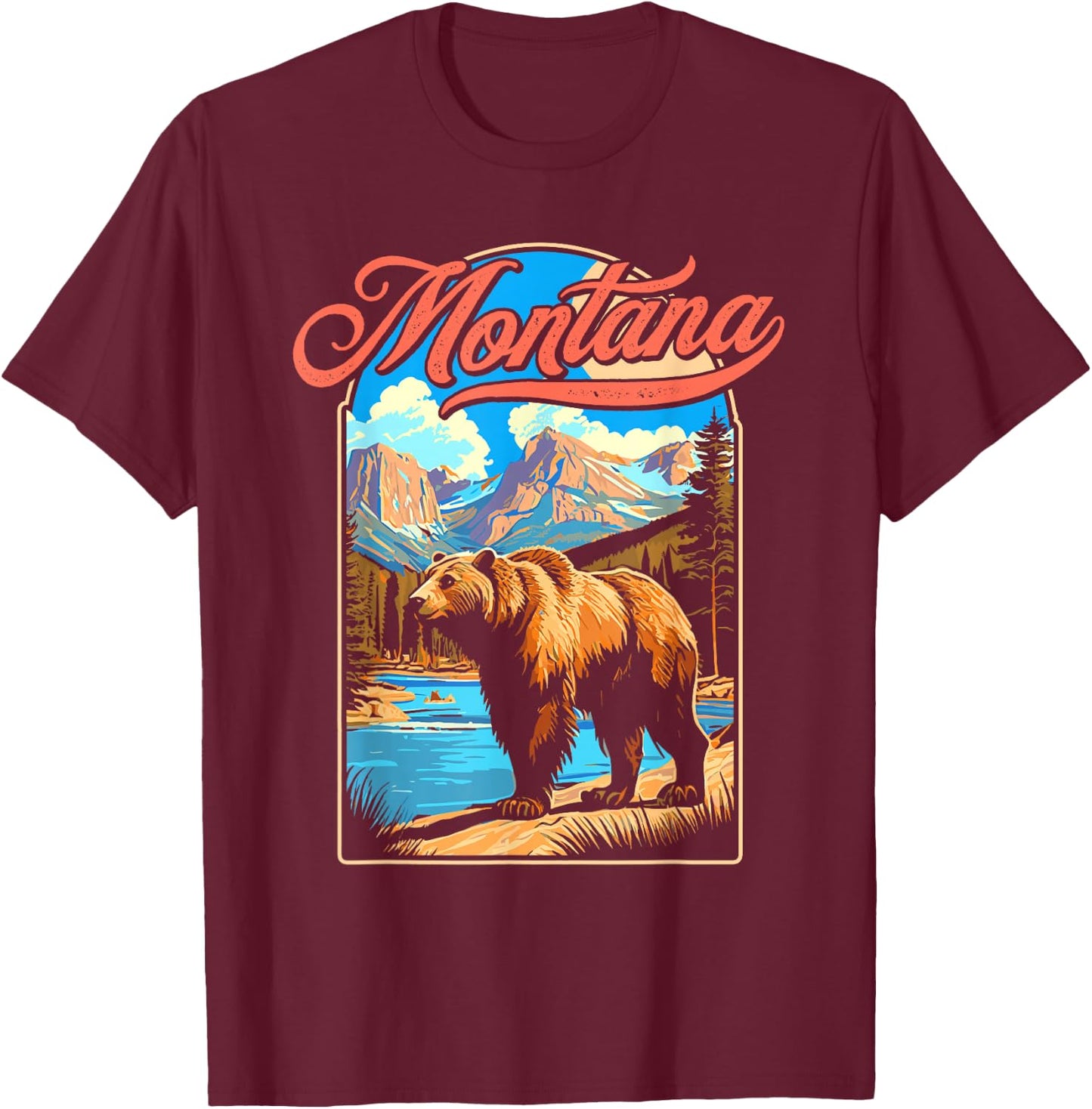 Grizzly Bear & Montana Mountains Vintage 70s Vibe Graphic T-Shirt - T-Shirt | Maroon