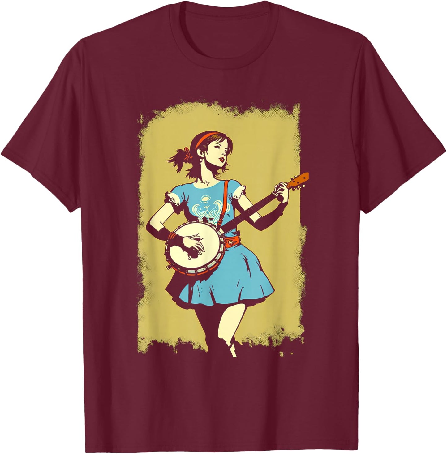 Banjo Girl Beautiful Hippie Woman Bluegrass Festival T-Shirt - T-Shirt | Maroon