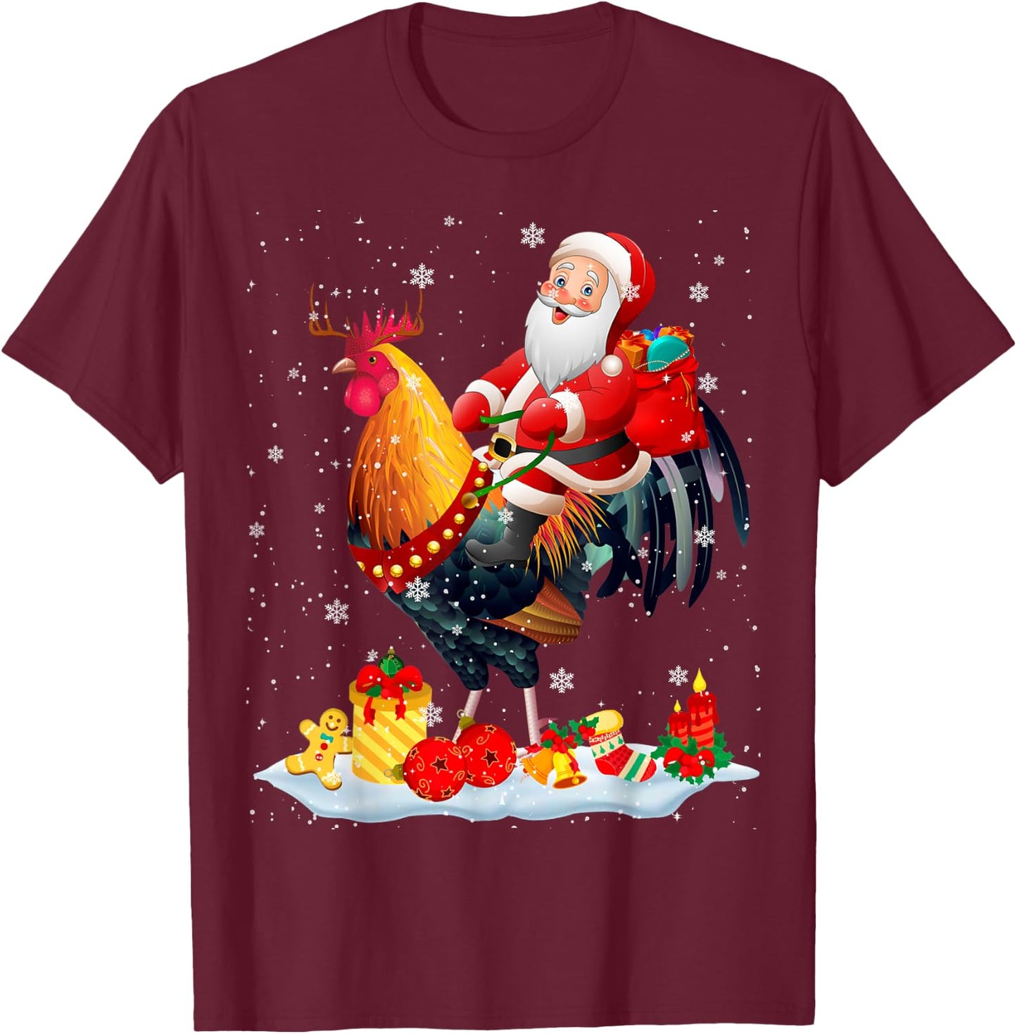 Santa Riding Chicken Reindeer Christmas Santa Chicken Lover T-Shirt - T-Shirt | Maroon