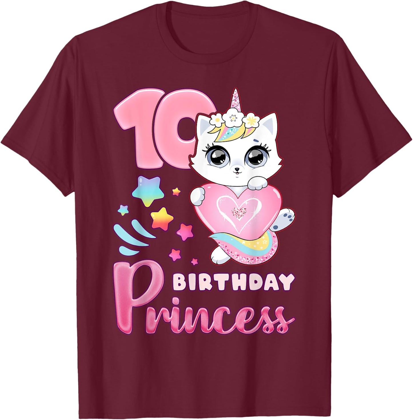 Girl, 10th birthday, unicorn cat, number 10 T-Shirt - T-Shirt | Maroon