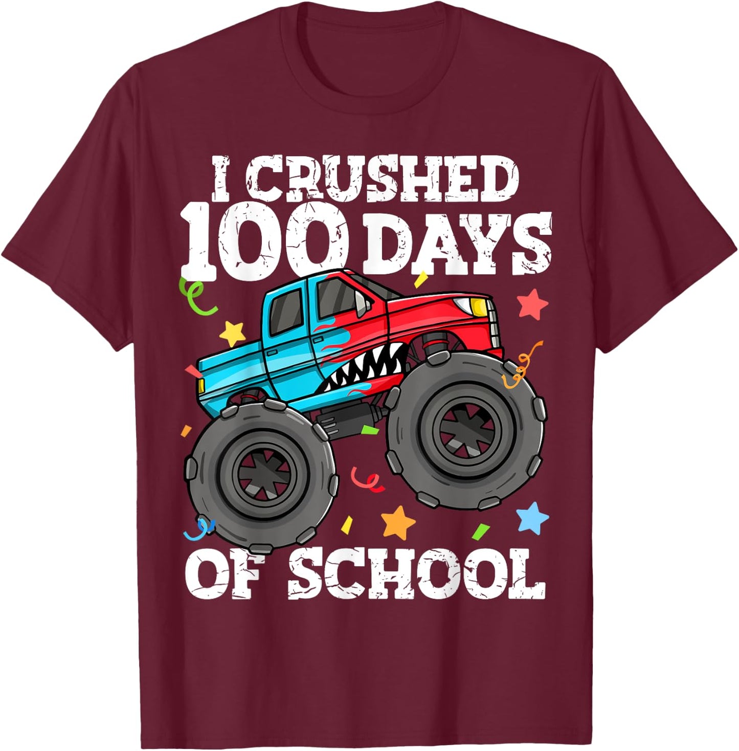 100 Days of School Monster Truck 100th Day of School Boys T-Shirt - T-Shirt | Maroon