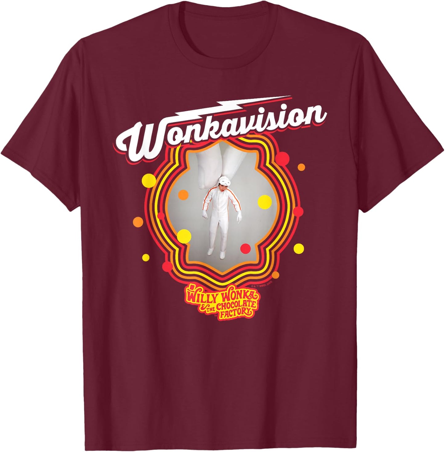 Willy Wonka & The Chocolate Factory - -Adults, Black, Small, Short Sleeve, Solid with Graphic Print, , Modern, Casual, Movie Fans, Casual Clothing Enthusiasts, Vacationers T-Shirt - T-Shirt | Maroon