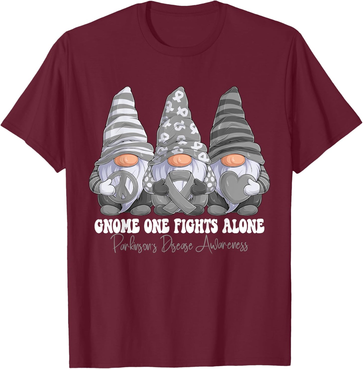 Parkinson's Disease Awareness Month Gray Ribbon Gnomies T-Shirt - T-Shirt | Maroon