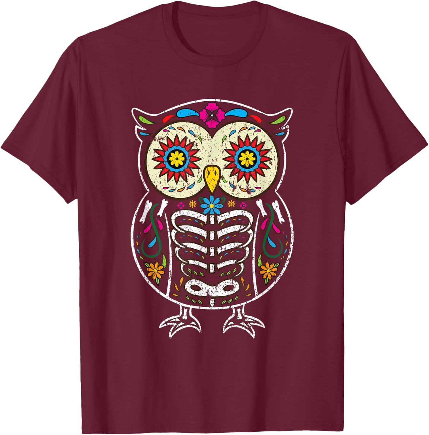 Sugar Skull Owl Dia De Los Muertos Halloween Vintage T-Shirt - T-Shirt | Maroon