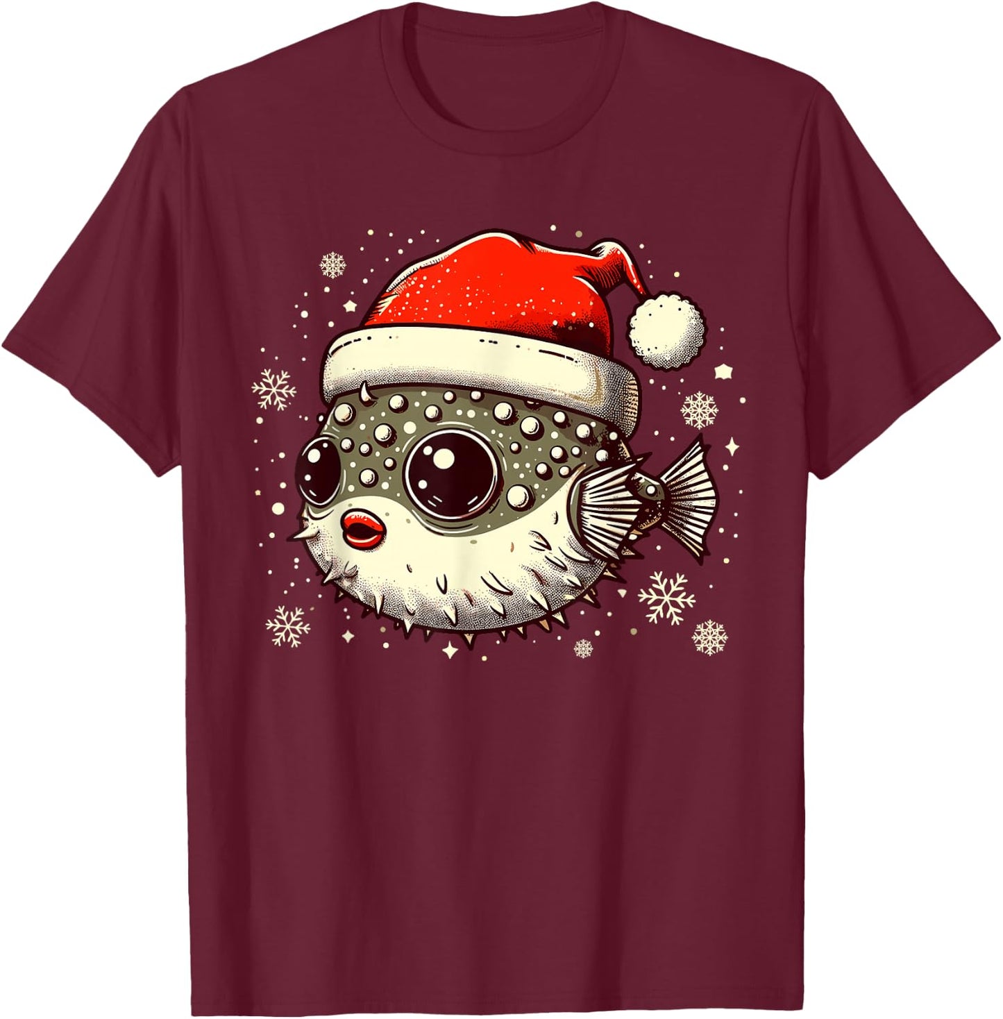 Pufferfish Christmas Santa Hat Puffer Fish Lovers Blowfish T-Shirt - T-Shirt | Maroon