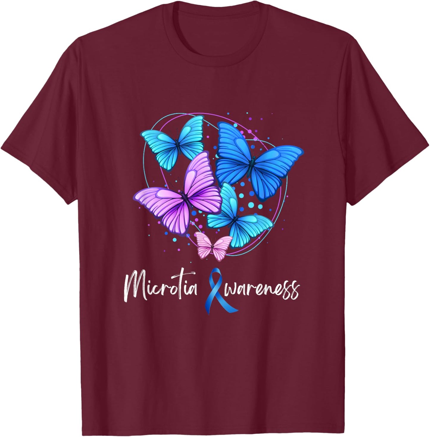 Microtia Awareness Day Blue Ribbon and Teal Butterfly T-Shirt - T-Shirt | Maroon