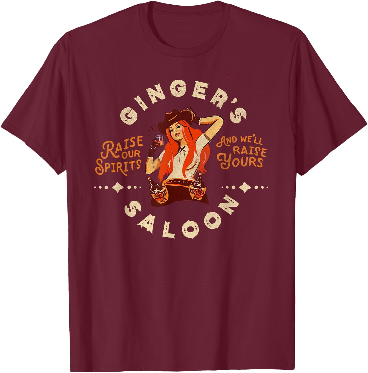 Retro Dive Bar Whiskey Ginger Redhead Cowgirl Bartender Gift T-Shirt - T-Shirt | Maroon