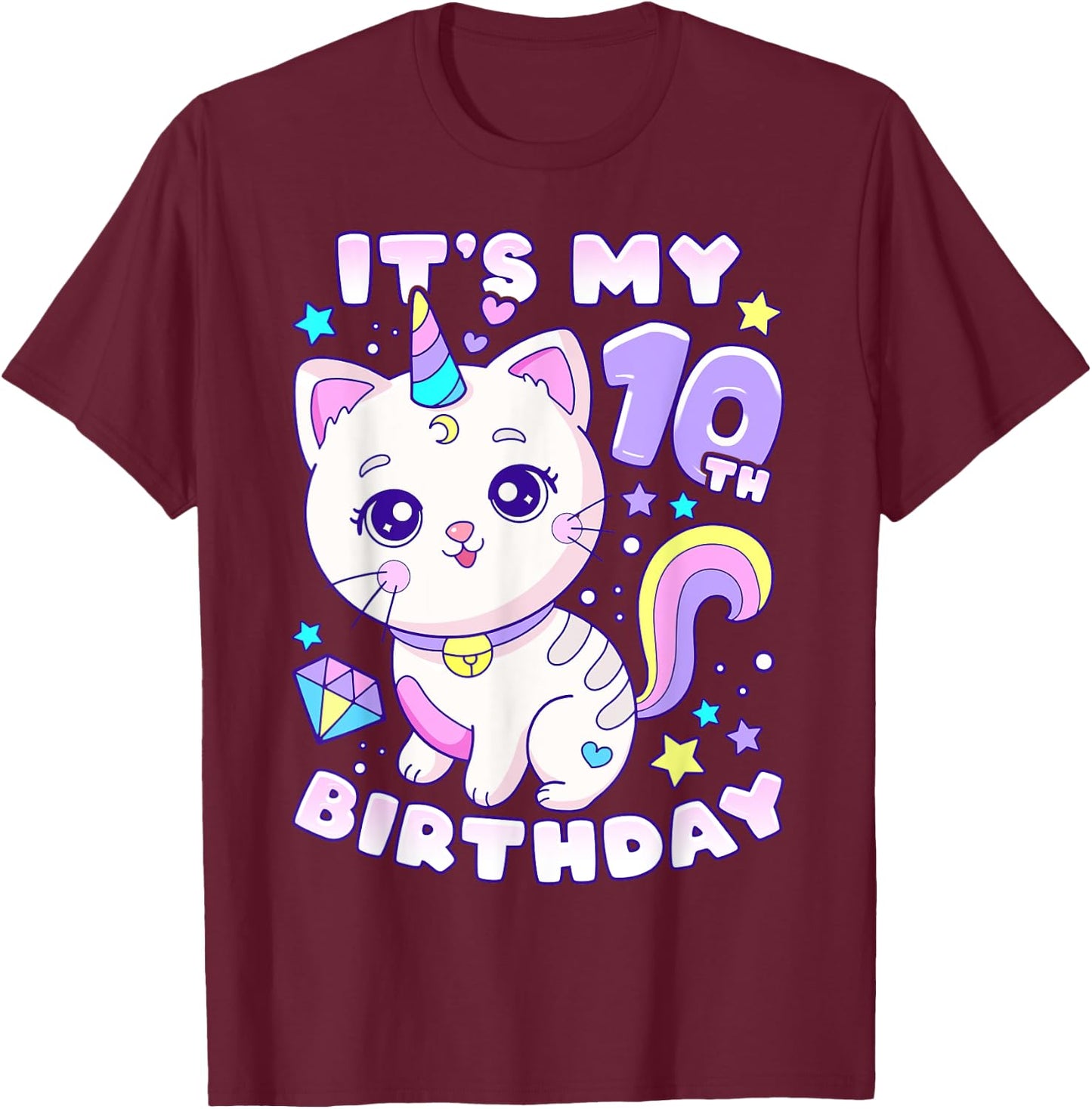 Birthday girl 10 years old, cat, unicorn, 10th birthday T-Shirt - T-Shirt | Maroon