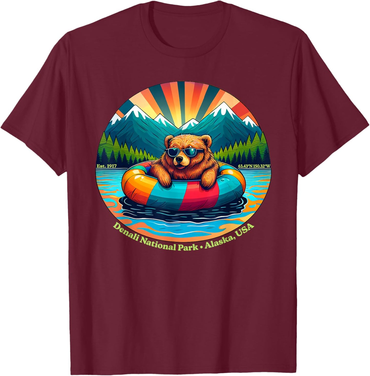 Denali NP AK Bear Animals Wearing Sunglasses Kids & Adults T-Shirt - T-Shirt | Maroon