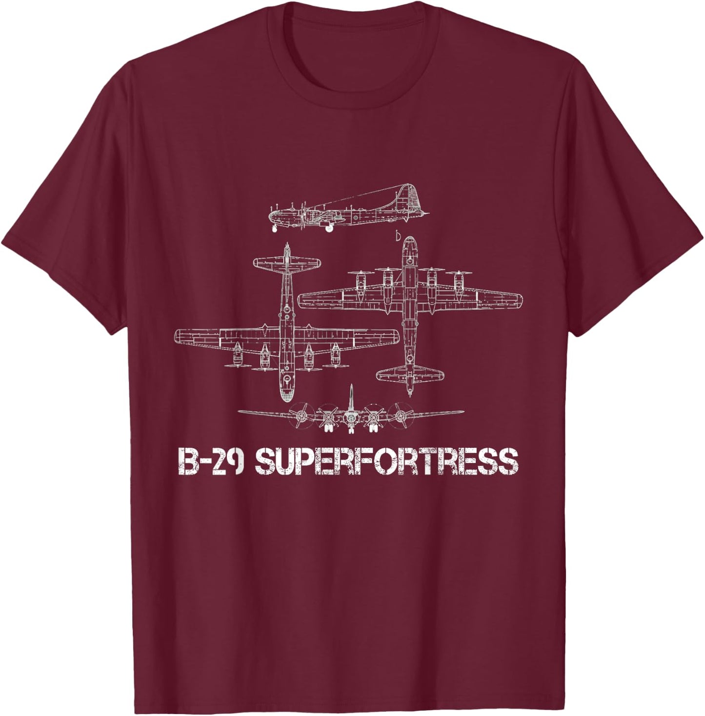 B-29 Superfortress Blueprint Aircraft Schematic WW2 Bomber T-Shirt - T-Shirt | Maroon