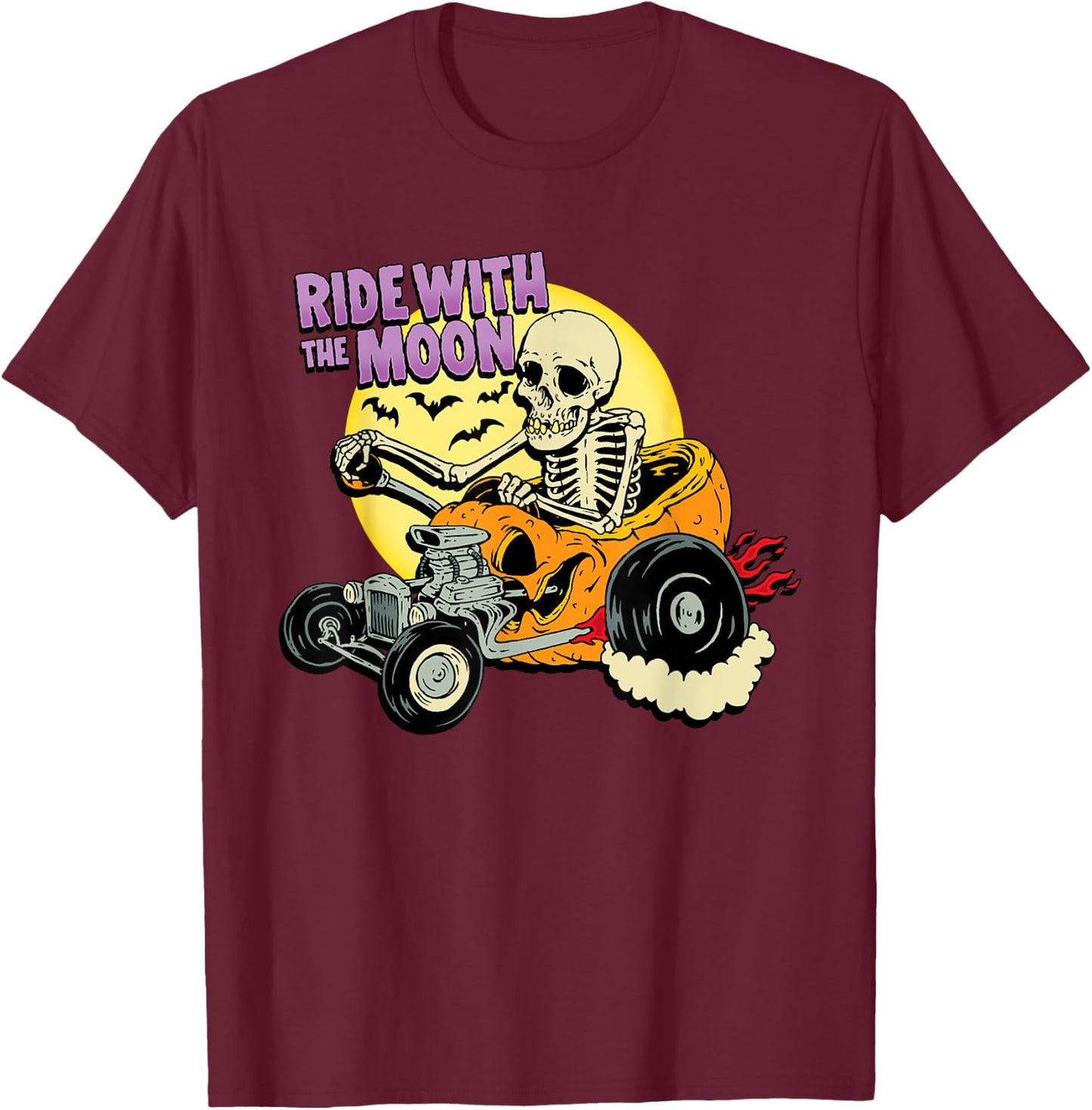 Halloween Pumpkin Hot Rod Skeleton King Rat Rod Dragster T-Shirt - T-Shirt | Maroon