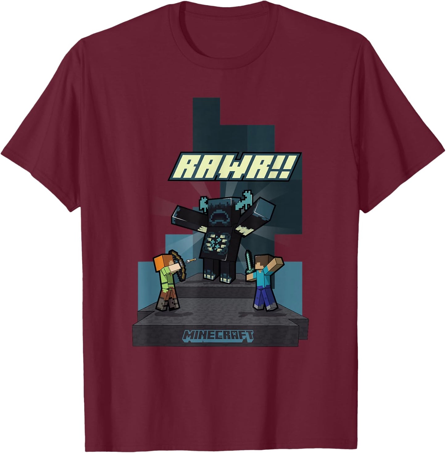 Minecraft Rawr!! Alex And Steve Fighting Off Warden T-Shirt - T-Shirt | Maroon