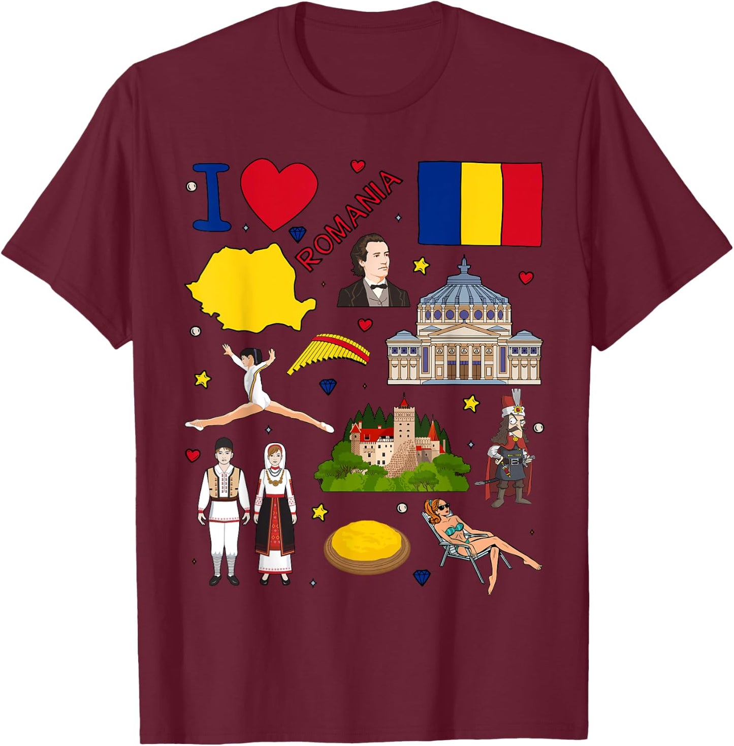 I love Romania. Hand drawn Romanian Landmarks, flag and map T-Shirt - T-Shirt | Maroon