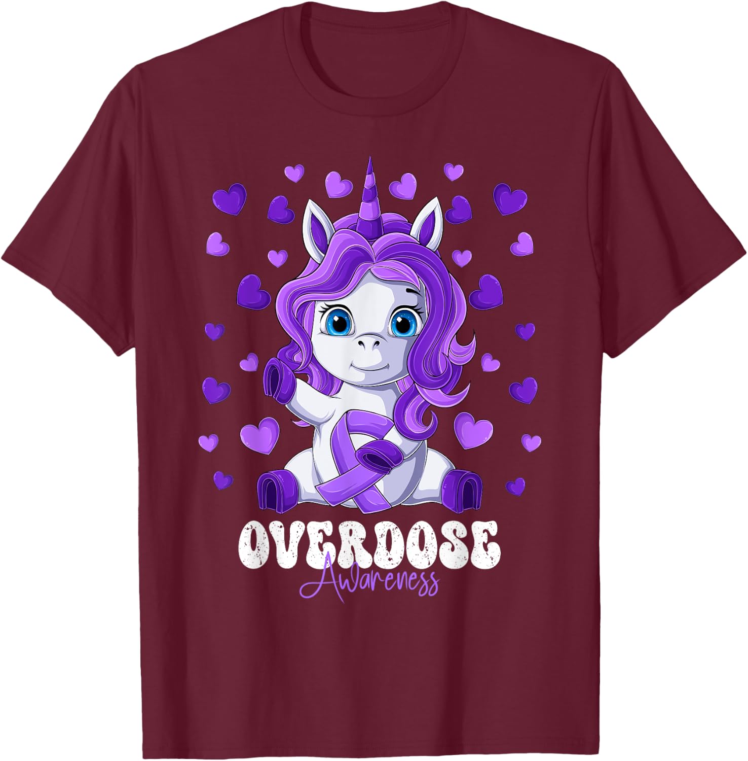 Overdose Awareness Month Purple Ribbon Unicorn T-Shirt - T-Shirt | Maroon