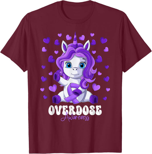 Overdose Awareness Month Purple Ribbon Unicorn T-Shirt - T-Shirt | Maroon
