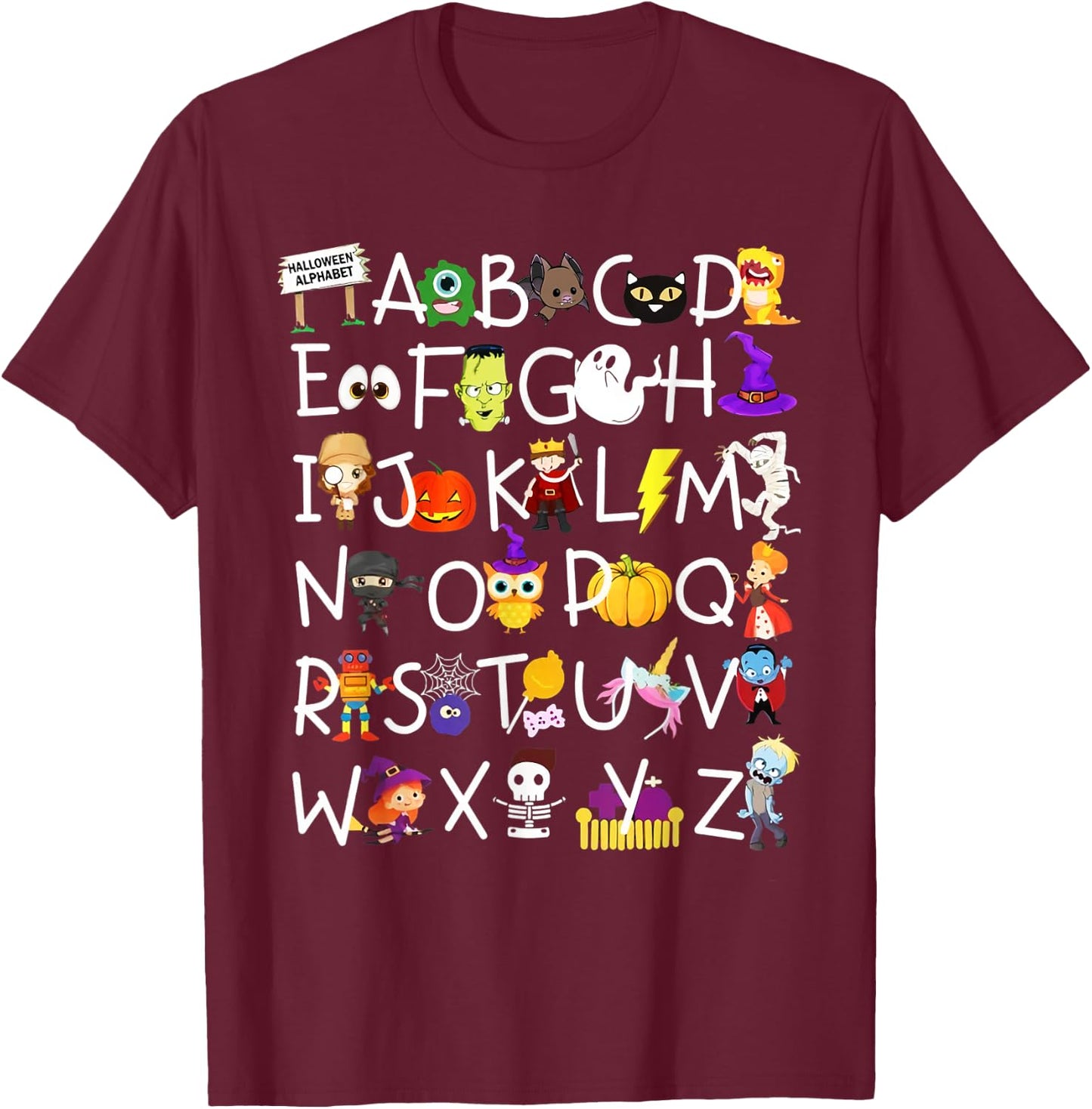 Alphabet ABCs Halloween Characters Kindergarten Teacher Kids T-Shirt - T-Shirt | Maroon
