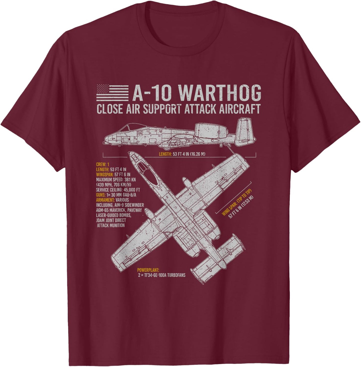 Aviation Geeks Store A-10 Warthog Thunderbolt II Aircraft Airplane Blueprint Fact T-Shirt - T-Shirt | Maroon