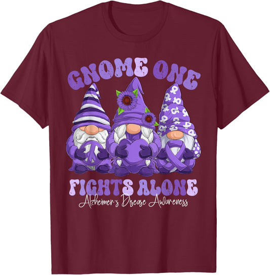 Alzheimer's Disease Awareness Month Purple Ribbon Gnomies T-Shirt - T-Shirt | Maroon
