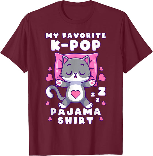 K-Pop Music Sleeping Cat K-Pop Pajamas T-Shirt - T-Shirt | Maroon
