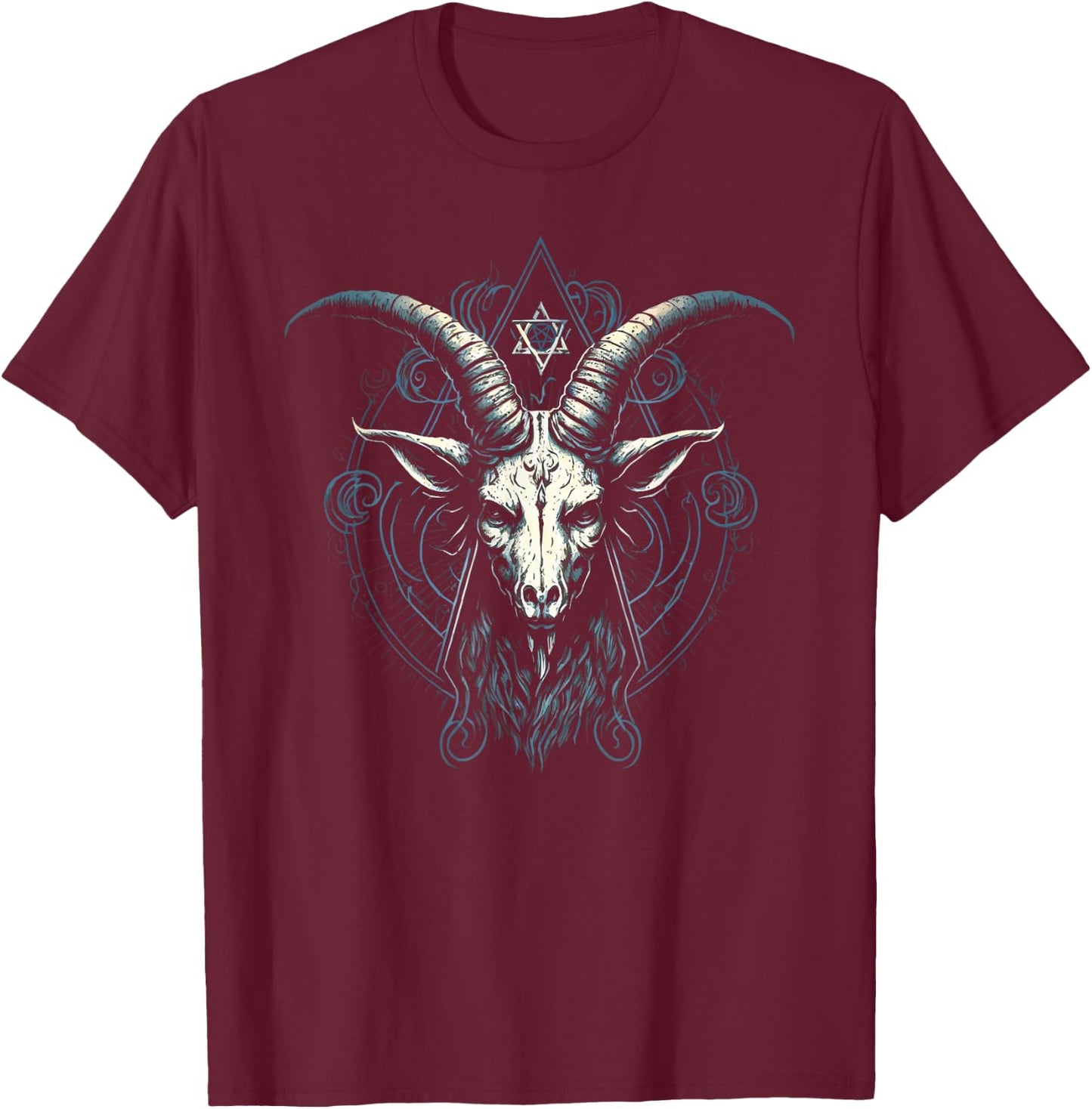 Satan Pentagram Baphomet Illustration Devil Satanic Hexagram T-Shirt - T-Shirt | Maroon