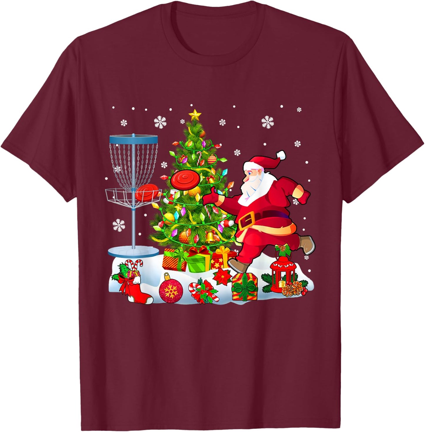 Xmas Tree Light Presents Santa Playing Disc Golf Player T-Shirt - T-Shirt | Maroon