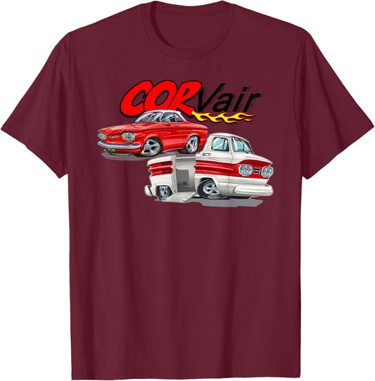 Corvair Cartoon Coupe and Rampside Truck T-Shirt - T-Shirt | Maroon