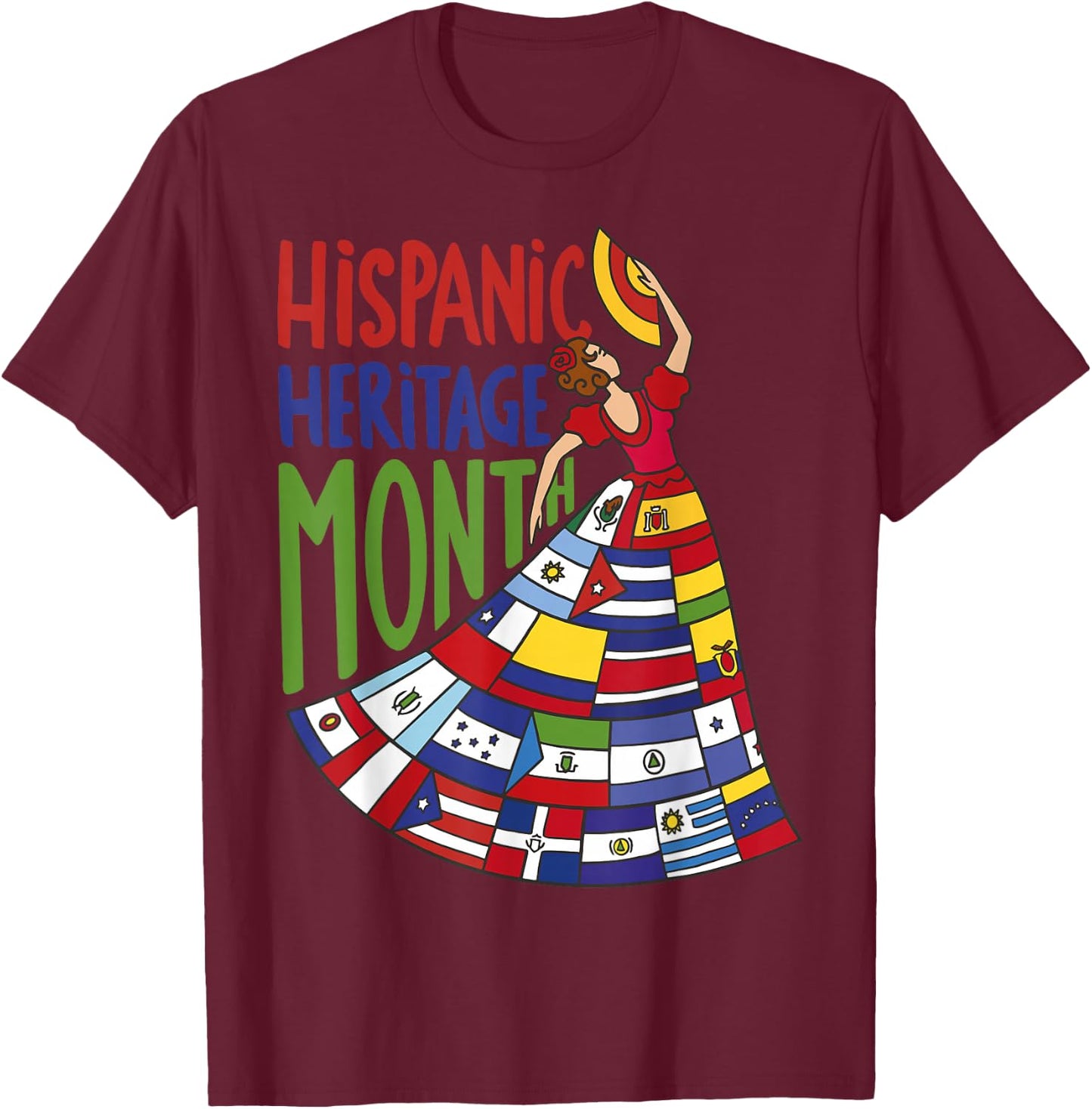 Hispanic Heritage Month 2024 Woman Latin Country Flags Dress T-Shirt - T-Shirt | Maroon