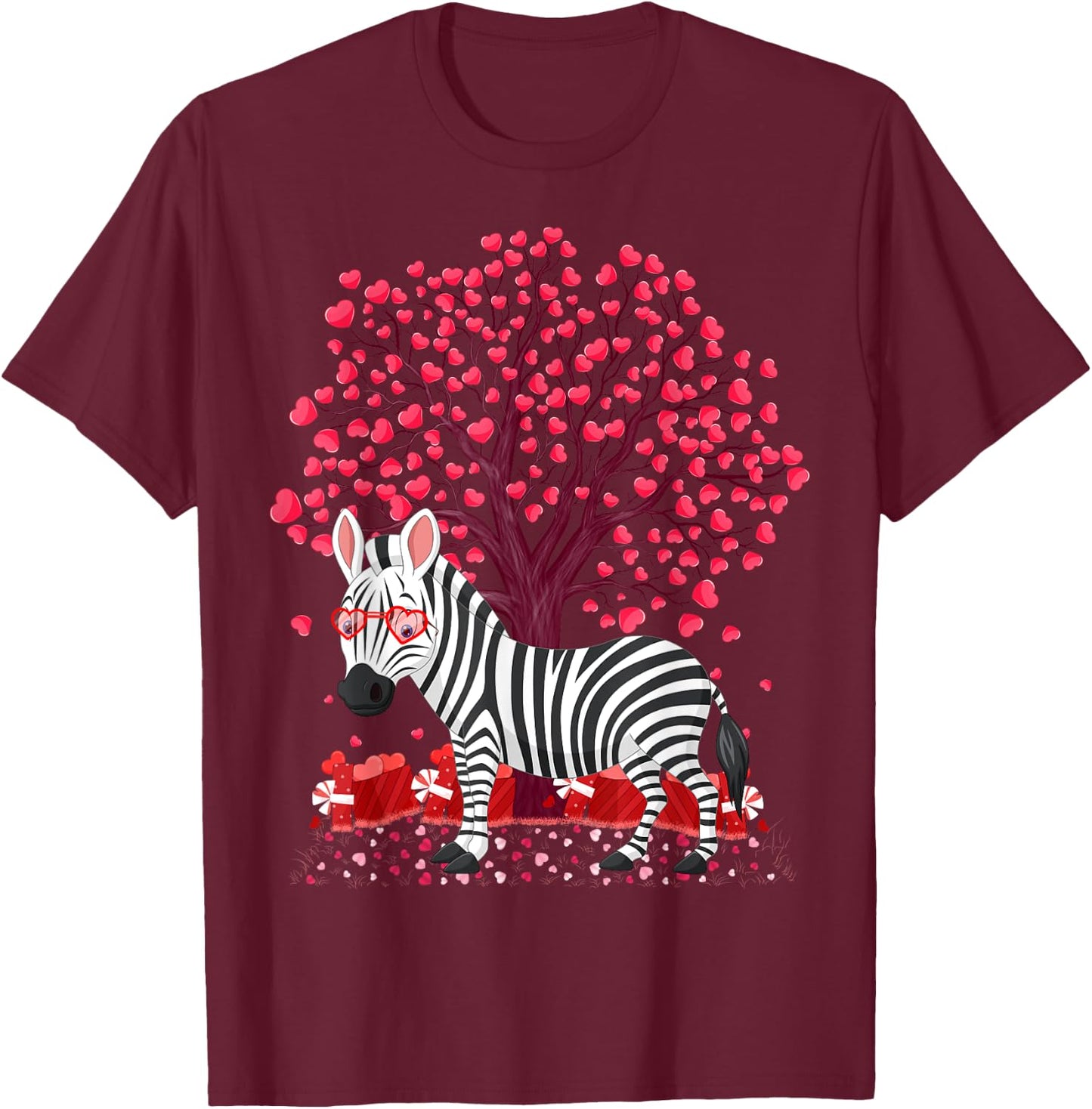Zebra Lover Heart Tree Zebra Valentine's Day T-Shirt - T-Shirt | Maroon