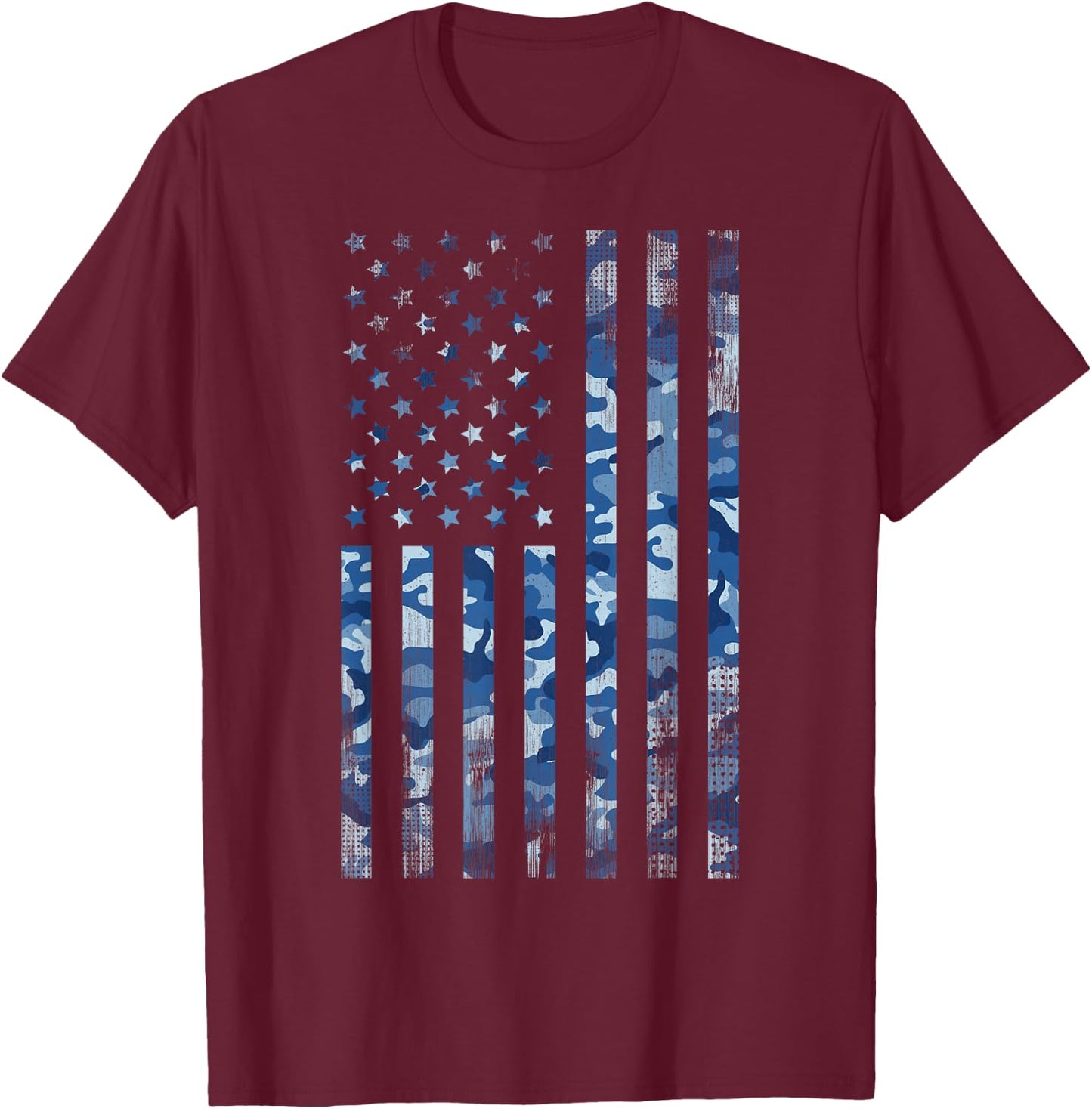 Blue Camo American Flag USA Tactical Ocean Camouflage T-Shirt - T-Shirt | Maroon