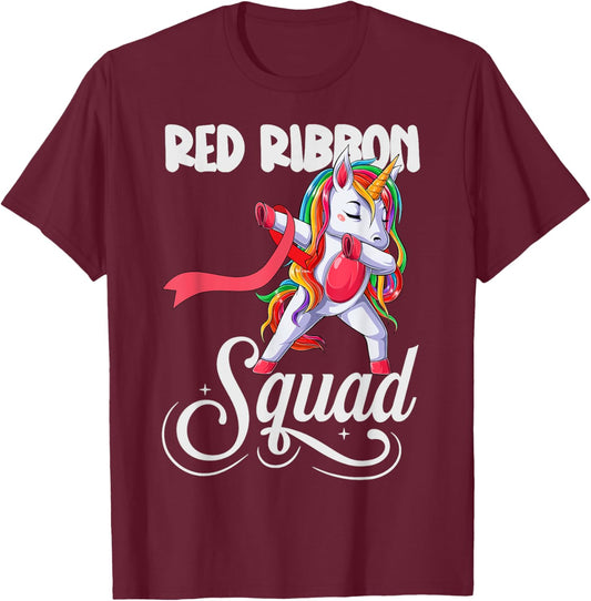 Dabbing unicorn We Wear Red For Red Ribbon Week Awareness T-Shirt - T-Shirt | Maroon