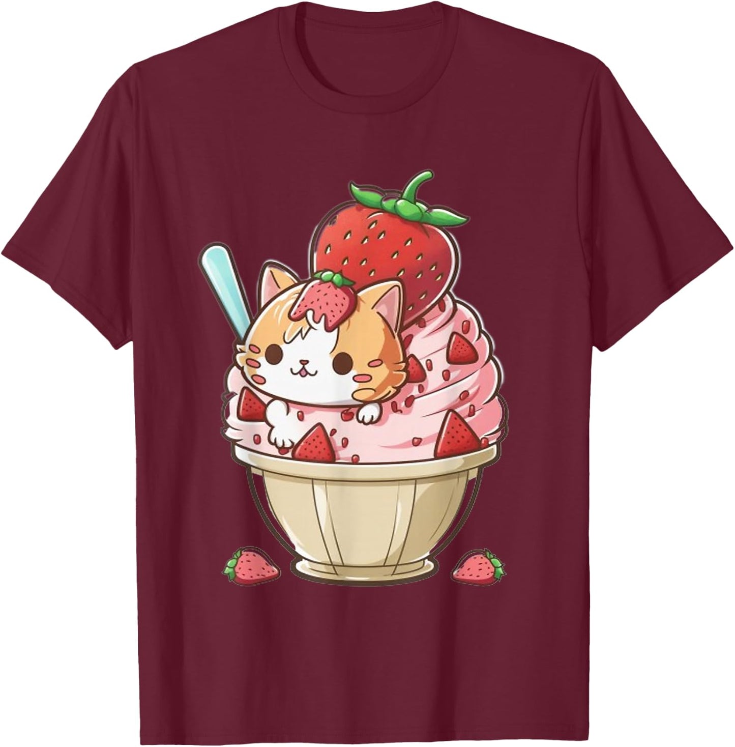 Strawberry Ice Cream Sundae Kitten Gelato Berry Cat Sorbet T-Shirt - T-Shirt | Maroon